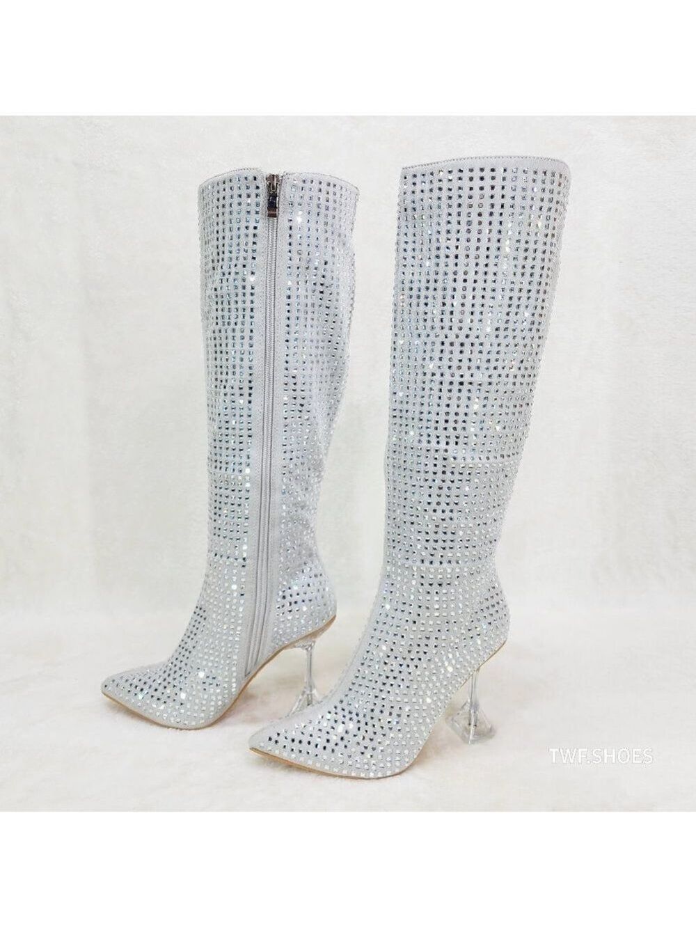 Glamour Shot Silver Mirror Rhinestone 4" Pyramid Heel Knee High Boots